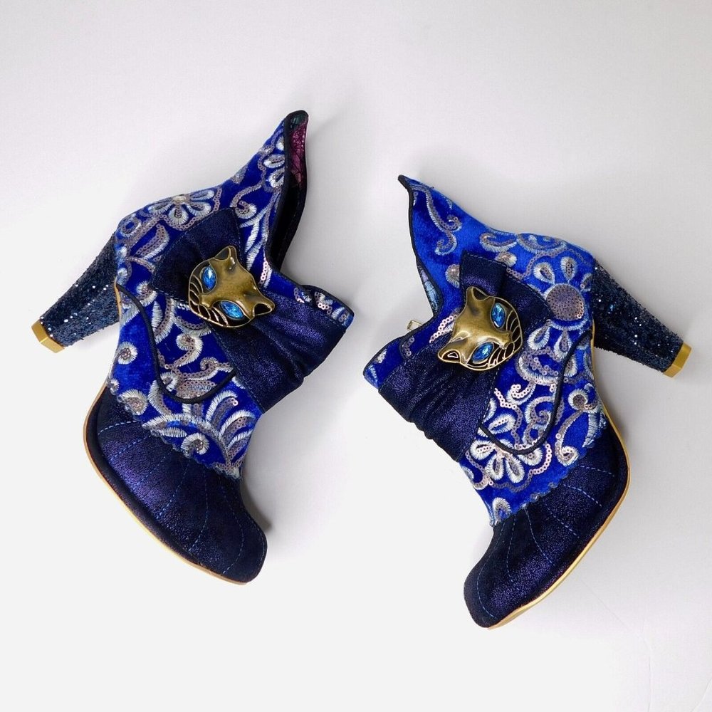 Blue Embellished Women's Heeled Booties with Cat Detail